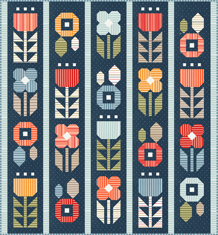 Garden Party quilt in Magic Stripe by Lella Boutique for Moda Fabrics. Beautiful prints pop against a navy background in this bold and bright patchwork flower garden. Download the PDF here!