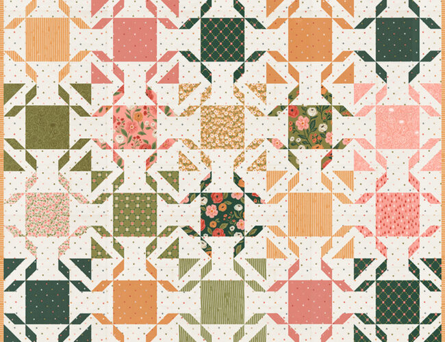 "Bedazzled" geometric jewel quilt in Garden Glam fabric by Lella Boutique for Moda Fabrics. Make it with fat eighths or fat quarters. Download the PDF here!
