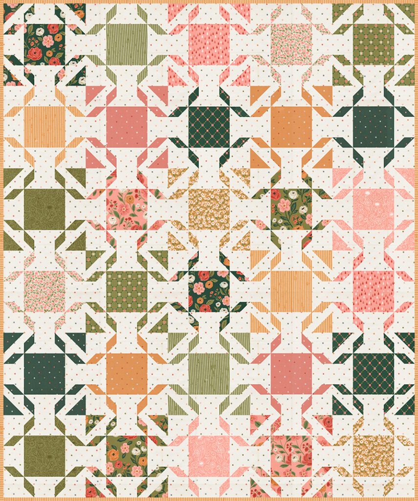 "Bedazzled" geometric jewel quilt in Garden Glam fabric by Lella Boutique for Moda Fabrics. Make it with fat eighths or fat quarters. Download the PDF here!