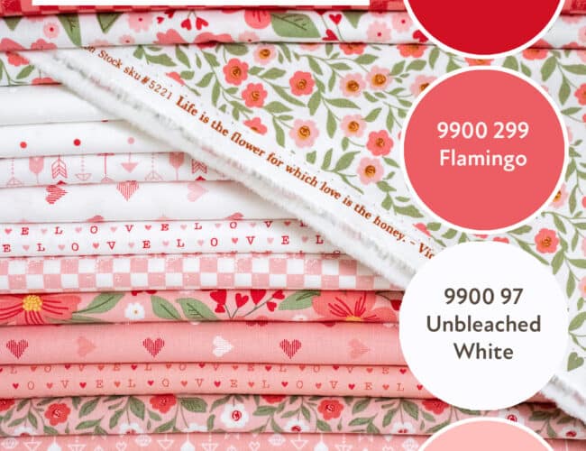 Matching Bella Solid coordinates for the Love Blooms fabric collection by Lella Boutique for Moda Fabrics.