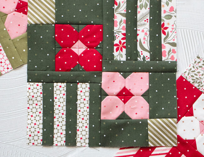 Moda Blockheads 7 Block 1 "Spring Walk" in Peppermint Cocoa fabric by Lella Boutique. Download the free PDF here!
