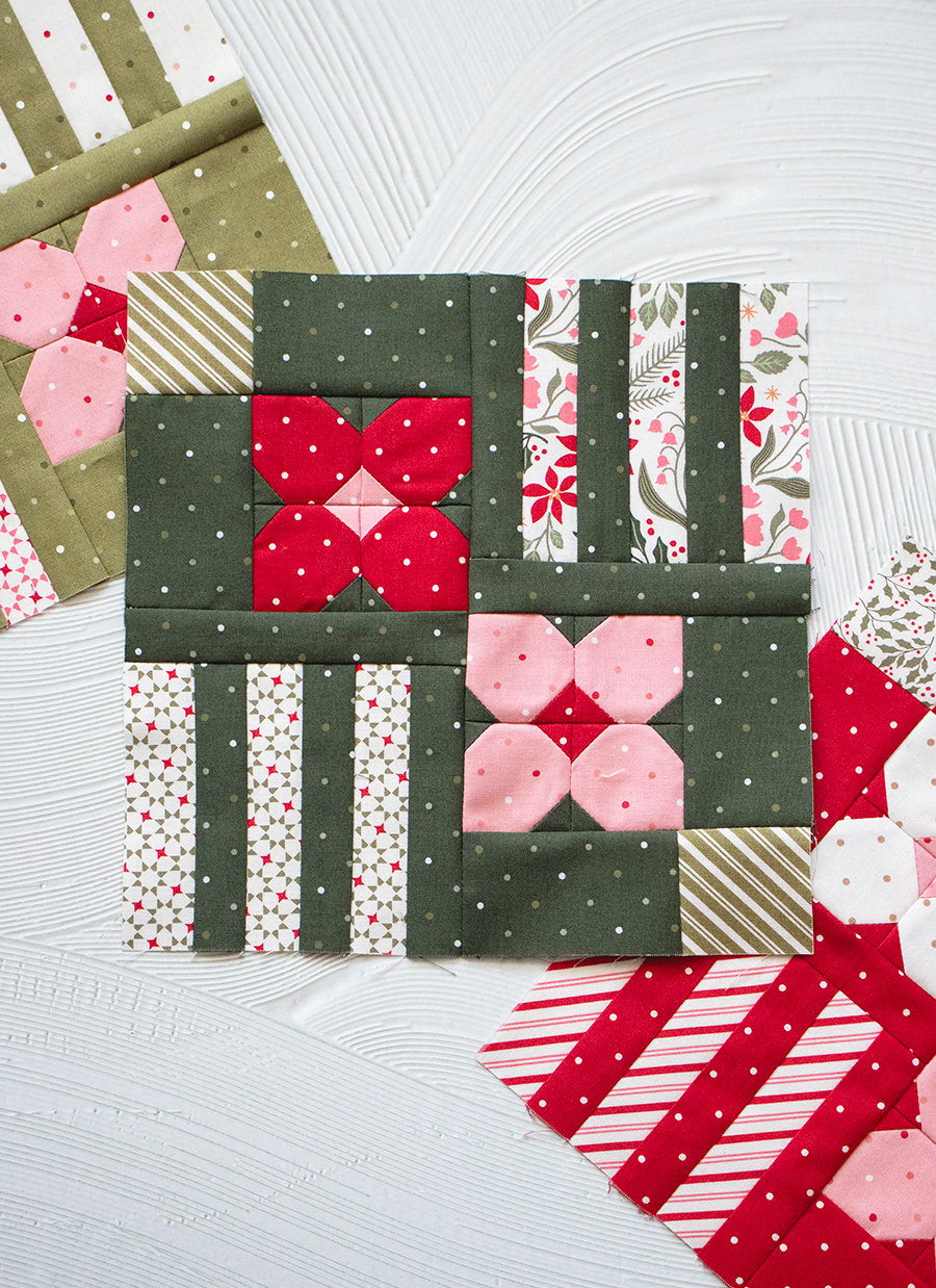 Moda Blockheads 7 Block 1 "Spring Walk" in Peppermint Cocoa fabric by Lella Boutique. Download the free PDF here!
