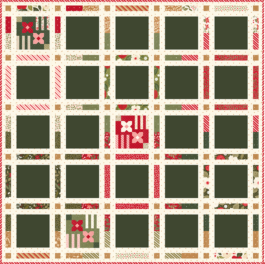 Moda Blockheads 7 free block of the week. 9" sampler block layout design by Lella Boutique. Fabric is Peppermint Cocoa by Lella Boutique for Moda Fabrics