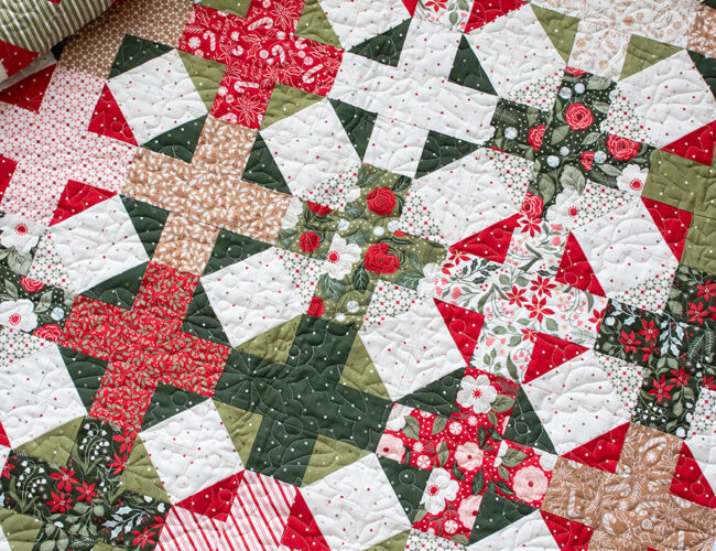 "Hot Cross Buns" plus sign quilt by Vanessa Goertzen of Lella Boutique. Make it with a Jelly Roll or Layer Cake. Fabric is Peppermint Cocoa by Lella Boutiqu for Moda Fabrics. Download the PDF here!