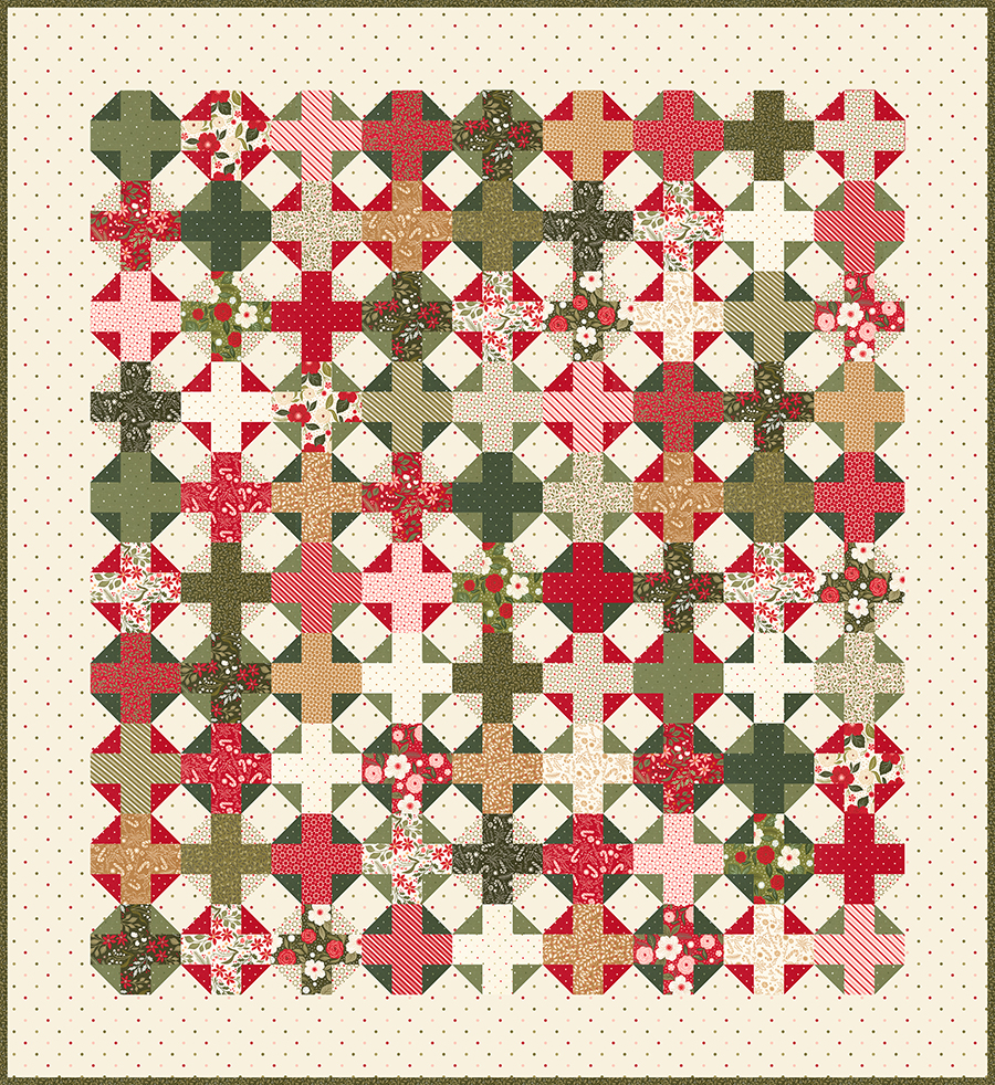 "Hot Cross Buns" plus sign quilt by Vanessa Goertzen of Lella Boutique. Make it with a Jelly Roll or Layer Cake. Fabric is Peppermint Cocoa by Lella Boutiqu for Moda Fabrics. Download the PDF here!