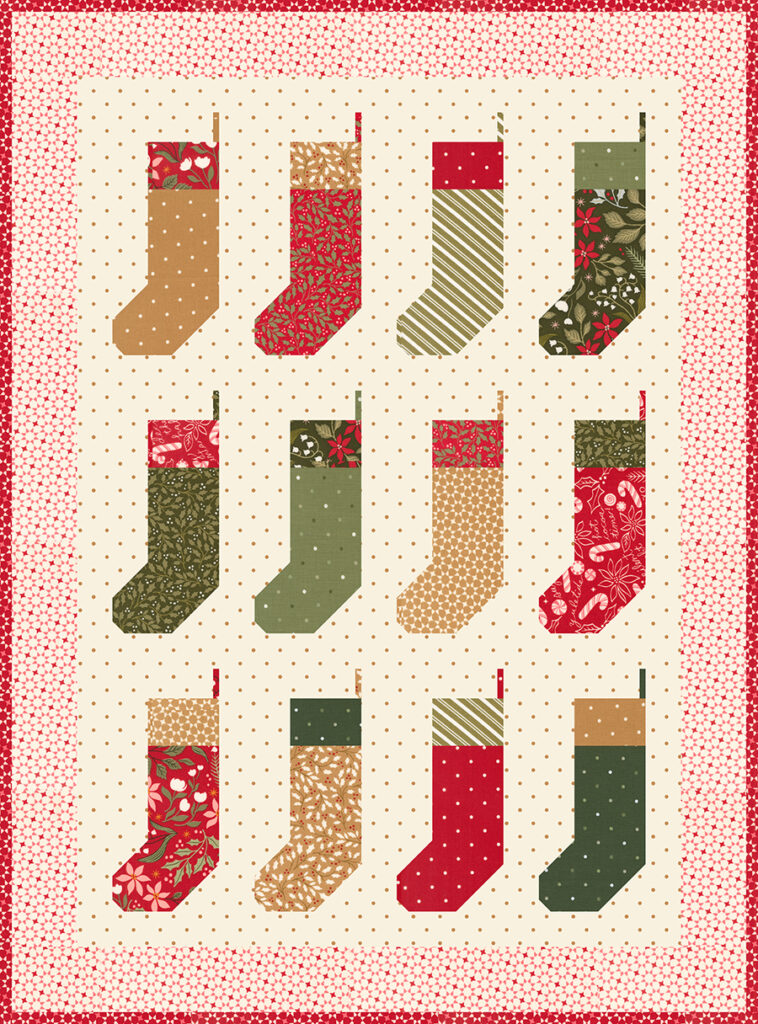 "By the Chimney Mini" stocking quilt wall hanging in Peppermint Cocoa by Lella Boutique for Moda Fabrics. Download the PDF here!