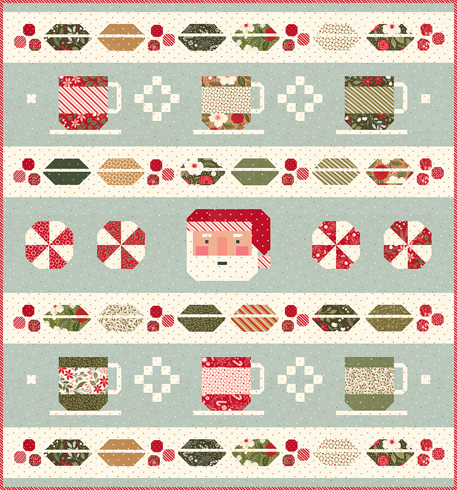 "Cocoa Party" row quilt by Vanessa Goertzen of Lella Boutique. This row quilt features Santa, peppermints, cocoa mugs, marshmallows, and beautiful holly berry sashing. Fabric is Peppermint Cocoa by Lella Boutique for Moda Fabrics (in shops May 2027). Download the PDF here!
