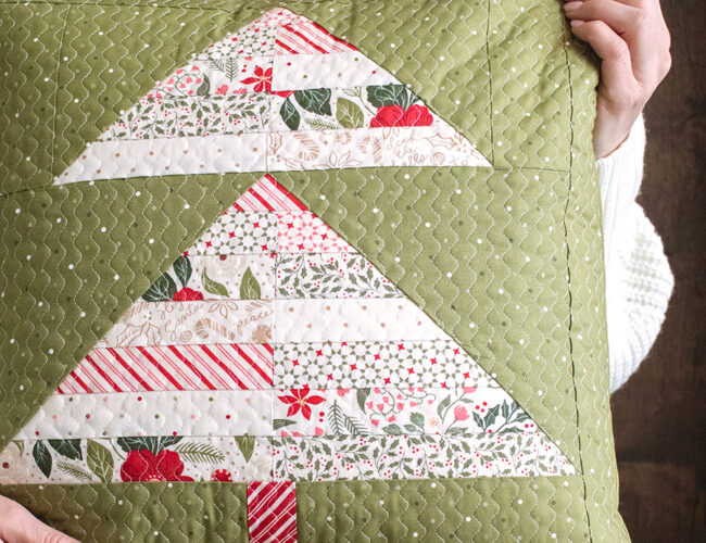 Pine 4 U scrappy tree pillow pattern in Peppermint Cocoa fabric by Lella Boutique for Moda Fabrics. Download the PDF here!