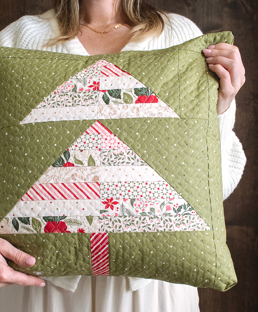 Pine 4 U scrappy tree pillow pattern in Peppermint Cocoa fabric by Lella Boutique for Moda Fabrics. Download the PDF here!