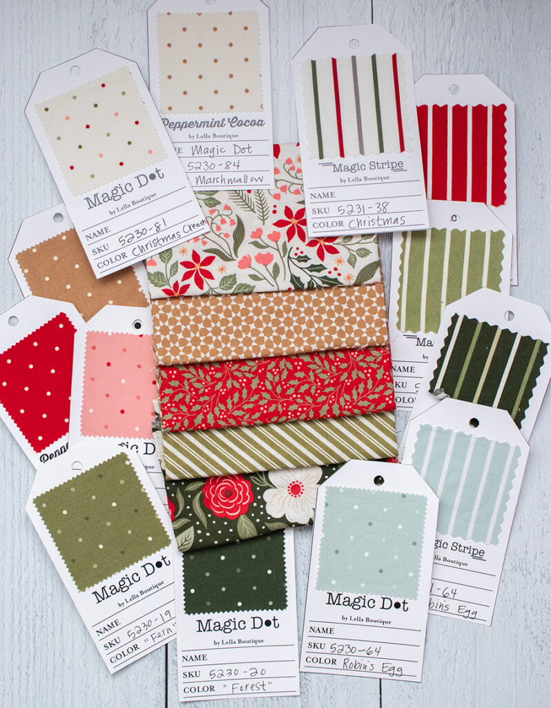 The coordinating Magic Dot and Magic Stripe colors for Peppermint Cocoa fabric by Lella Boutique for Moda Fabrics.